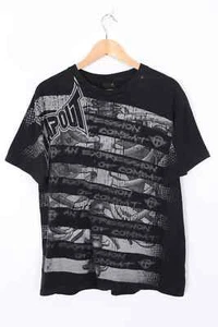 Vintage TAPOUT 'Expression of Combat' Skeleton Y2K RARE Striped AOP T-Shirt (L) - Picture 1 of 3