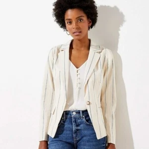 NUEVO CON ETIQUETAS Chaqueta Blazer Loft Lino Rayas Manga Larga Recortada Botón Único Crema 16 - Imagen 1 de 12