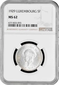 Luxembourg 5 francs 1929, NGC MS62, "Grand Duchess Charlotte (1918 - 1964)" - Picture 1 of 2