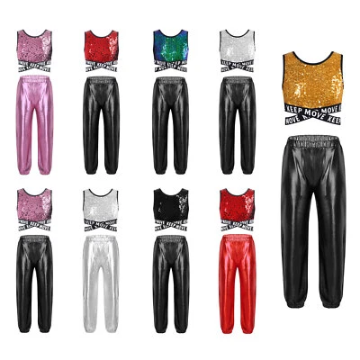 Kids Girls Crop Top With Pants Street Dancing Hip Hop Clothes Tracksuit Sequin - Image 1 of 3