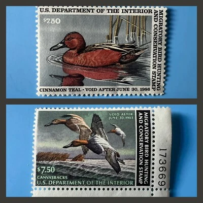 RW52 & RW49 FEDERAL DUCK HUNTING $7.50 STAMPS CINNAMON TEAL & CANVASBACKS - Image 1 of 4