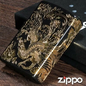 Hermoso Encendedor Zippo Phoenix Oro Negro 2 Lados Grabado Consecutivo Japón Nuevo - Imagen 1 de 19