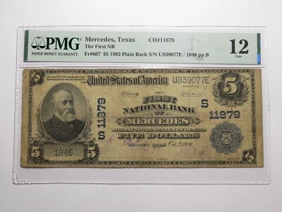 $5 1902 Mercedes Texas TX National Currency Bank Note Bill Ch. #11879 F12 PMG - Image 1 of 4