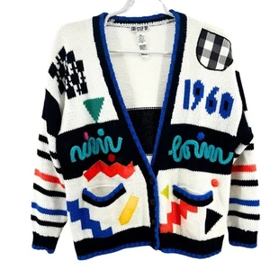 Cardigan One Step Up nero bianco scarabocchio vintage geometrico "1960" anni 80 M colorato - Foto 1 di 8