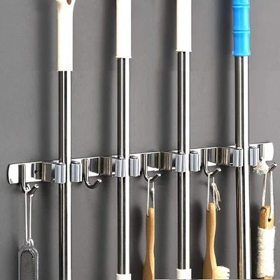 Stainless Steel Broom Mop Holder Wall Mount with 4 Racks 5 Hooks Storage - Image 1 of 4