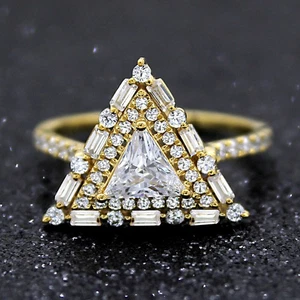 Trillion Double Halo Simulated Diamond Engagement Ring Yellow Gold Meaniful Gift - Picture 1 of 6