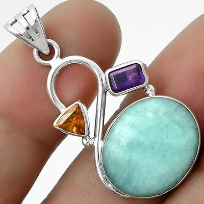 Paraiba Amazonite, Amethyst & Padparadscha 925 Silver Pendant P-1027 - Image 1 of 4