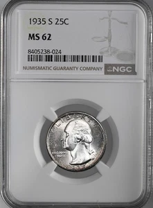 1935-S  25C WASHINGTON SILVER QUARTER DENVER  NGC MS62  #8405238-024 - Picture 1 of 4