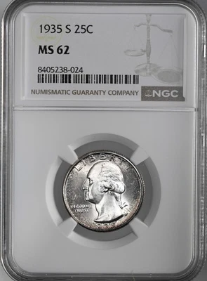 1935-S  25C WASHINGTON SILVER QUARTER DENVER  NGC MS62  #8405238-024 - Image 1 of 4