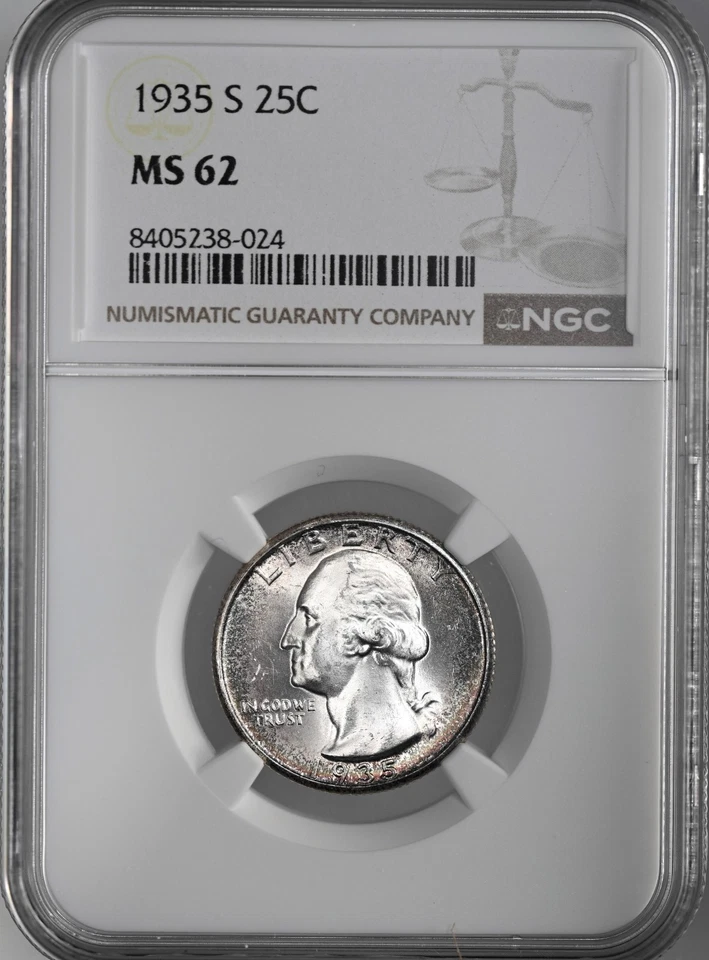 1935-S  25C WASHINGTON SILVER QUARTER DENVER  NGC MS62  #8405238-024 - Image 1 of 4