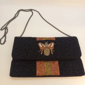 Queen Bee Clutch Umhängetasche braun s/w gold italienischer Designer inspiriert Perlen - Bild 1 von 7