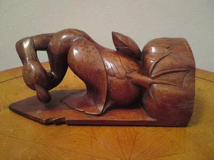 Vintage wood carving carved wooden crested duck stomp on lotus bud swallow fish - Picture 1 of 12