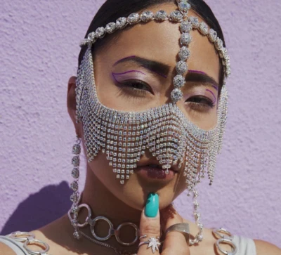 Media máscara facial egipcia borla cadena metal brillante diamantes de imitación de lujo joya Foto 1 de 4