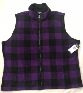 Chaps Sport Fleece Vest New Woman's 3X Black & Purple Plaid Full Zip Pockets - Picture 1 of 6