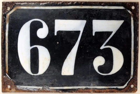 Large old black French house number 673 door gate plate plaque enamel metal sign Cover