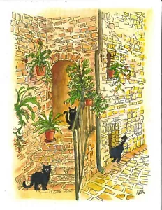Gatos en un callejón de piedra, estampado artístico para gatos, decoración de pared para gatos, arte para gatos negros, gato amigable - Imagen 1 de 7