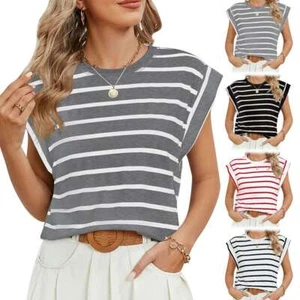 Women V-Neck T-Shirt Casual Cap Sleeve Vest Solid Loose Blouse Tank Top Stripe - Picture 1 of 16