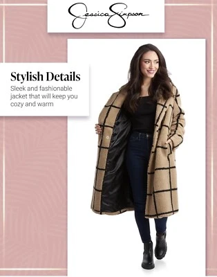 Jessica Simpson PeaCoat Largo Completo Sencillo Sherpa Beige Peluche Talla S Foto 1 de 4