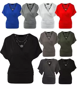 Womens Frill Necklace Gypsy Tunic Ladies Plus Size Short Sleeve Long V Neck Tops - Picture 1 of 11