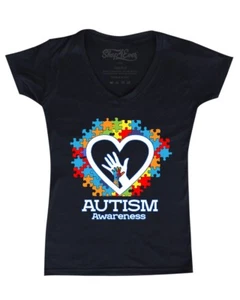 Autism Awareness Heart Hand Puzzle Women's V-Neck T-shirt Support Autism Mom Tee - Picture 1 of 11