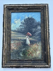 ANTIQUE AMERICAN IMPRESSIONIST PAINTING SIGNED EP WOMAN PARASOL UMBRELLA OIL - Picture 1 of 16