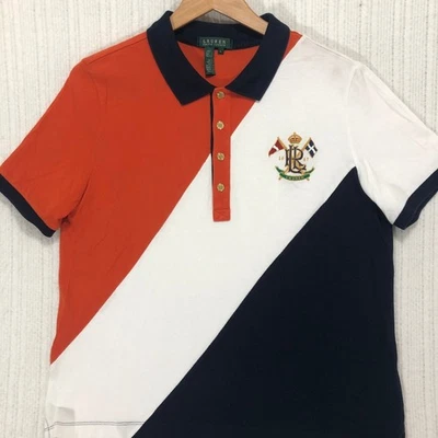 Camisa Polo Lauren Color Bloque Cresta Logo Botón Dorado Manga Corta Talla L Foto 1 de 4