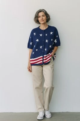 Quacker Factory Women Patriotic Cardigan Sweater L Multicolor Striped July 4 USA - Image 1 of 4