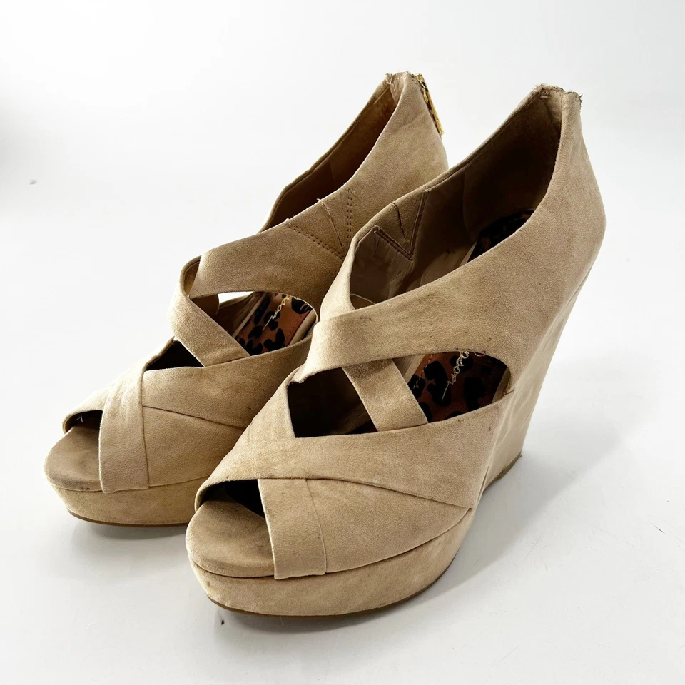 Jessica Simpson Cuñas Tacones Plataformas Peep Toe Criss Cross Bronceado Zapatos Talla 7B Foto 1 de 4