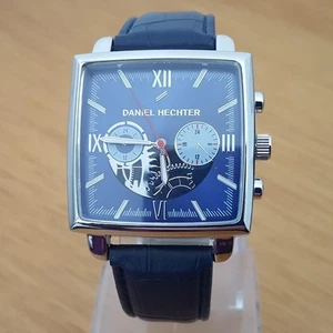 Reloj de moda de cuero efecto esqueleto Daniel Hechter cara cuadrada azul para hombre nuevo sin usar - Imagen 1 de 9