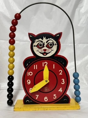 Reloj Gato Madera Pintado Vintage Leksak Fran Brio con Ojos Giratorios-Ábaco Foto 1 de 4