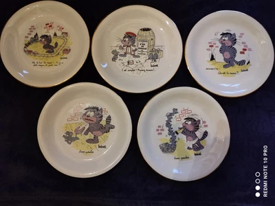 5 Assiettes Chat Souris Dessin BARBEROUSSE Porcelaine L''Amandinoise Vintage 60 - Photo 1/4