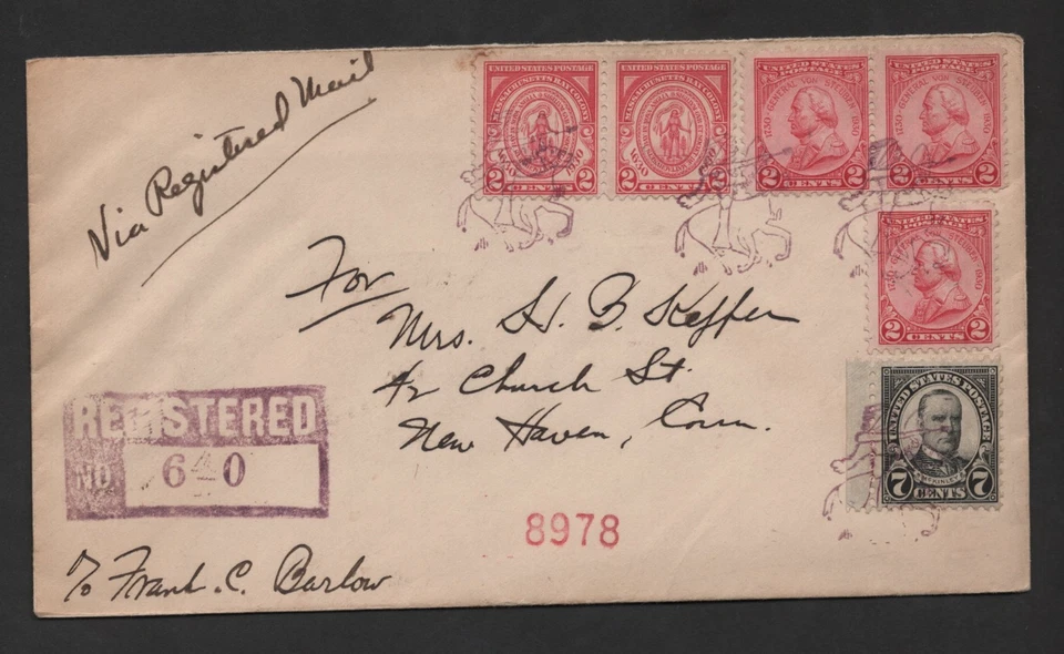 US 1931 FANCY 4 HORSE RIDER CANCELS ON REGISTERED COVER PLANTSVILLE, CONN. - Image 1 of 2