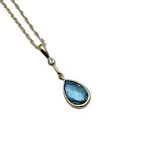 14K Yellow Swiss Blue Topaz Diamond Necklace Rhodium Plating .015ctw - Picture 1 of 6