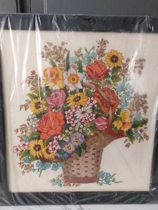 Embroidered Flowers In A Basket Crewel Embroidery Framed 25” x 23.5”  - Picture 1 of 16