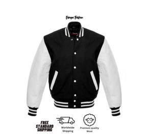 Chaqueta Universitaria Hombre Chaqueta Bombardero Calidad Vintage Mangas Cuero Real - Imagen 1 de 4
