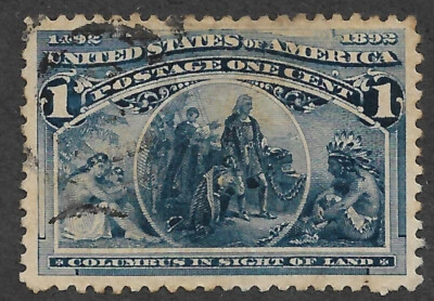 US # 230 (1893) Columbus in Sight of Land 1c - Thin - Used - VF/XF - Image 1 of 2