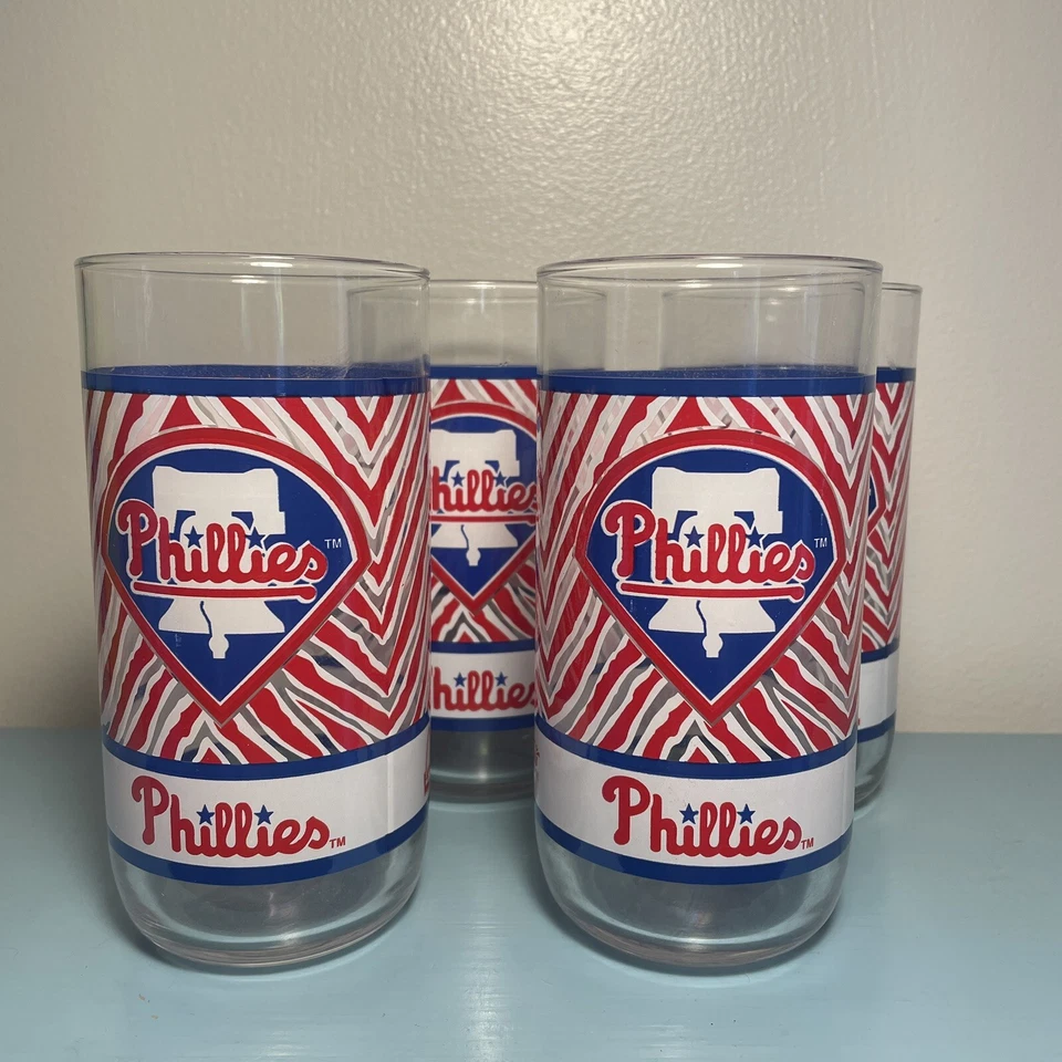 Vintage 1993 McDonalds Coca Cola MLB Phillies Zubaz set Of 4 glasses - Image 1 of 4