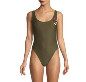 NWT Wildfox XS Candice Rose Chevron Embroidered Patches Swimsuit Olive #94321 - Picture 1 of 3
