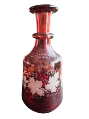 Vintage Red Glass Liquor Decanter Etched Grapes Leaves Cranberry Ruby CLEARANCE - Image 1 of 4