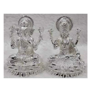 Ganesh Laxmi Idol In Pure 925 Silver / Ganesh Laxmi On Lotus In Silver - Picture 1 of 1