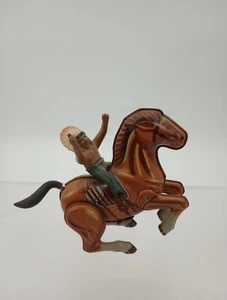 Vintage MTU Tin Litho Wind-Up Indian on Horse Korea -Works Great - Picture 1 of 12