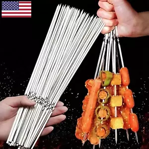 10pc BBQ Skewers Stainless Steel Meat Needle Flat Shish Kebab Skewers Stick USA - Picture 1 of 8