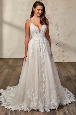 Designer Blätt Spitze Brautkleid Hochzeitskleid Träger 32-60 Maßgeschneidert Neu - Bild 1 von 4