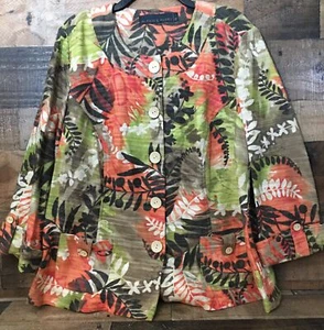 Women Linen Blend Jacket Size 18 Floral Tropical Boho Colorful Pockets Office - Picture 1 of 7