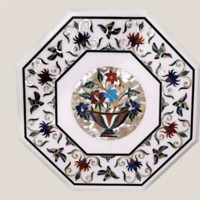 18" Marble Table Top Malachite Bed Room Coffee Mosaic flower Lapis Inlay jud - Image 1 of 4