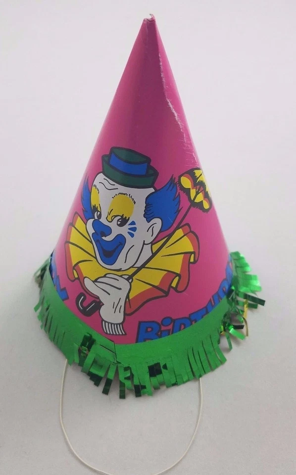 De colección Payaso de Circo Feliz Cumpleaños Fiesta Cono de Papel Sombrero Rosa Bozo Verde Flecos Foto 1 de 1