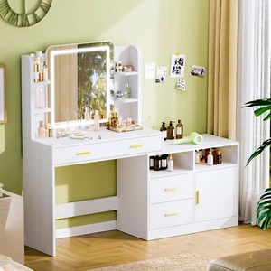 13 Storage Vanity Desk with Lighted Mirror, Makeup Vanity with Power Outlet, Whi - Picture 1 of 7