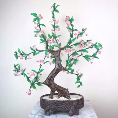 Стекло искусственные цветы бонсай растение - розовый белый зеленый фарфоровый горшок 18" H новый - Изображение 1 из 3