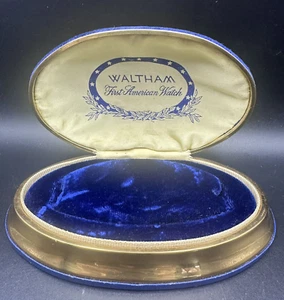 Waltham Brass & Blue Velvet American Watch Oval Round Box Presentation Vintage - Picture 1 of 11