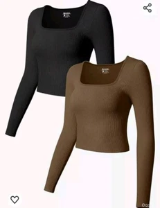 OQQ Women's 2 Piece Crop Tops Long Sleeve Square Neck Stretch Fitted Black Brown - Picture 1 of 3